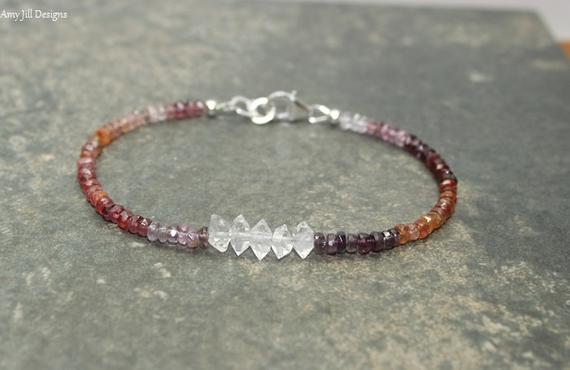 Multi Colored Spinel And Herkmer Diamond Bracelet, Multi Color Spinel Jewelry, Ombre, Sterling Silver Or Gold