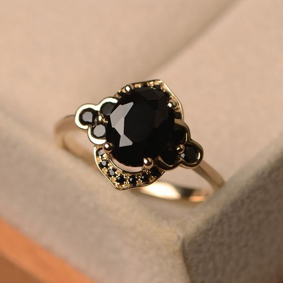 Black Spinel Ring, Yellow Gold, Halo Ring
