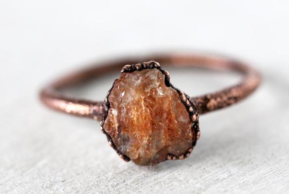 Raw Sunstone Ring - Electroformed Crystal - Pure Silver