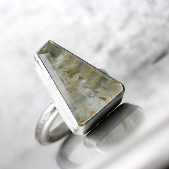 Large Elongated Trapezoid Rutilated Topaz Ring Modern Silver Pale Green Golden Rutile Unique Included Gemstone Brazil Statement - Obelisk