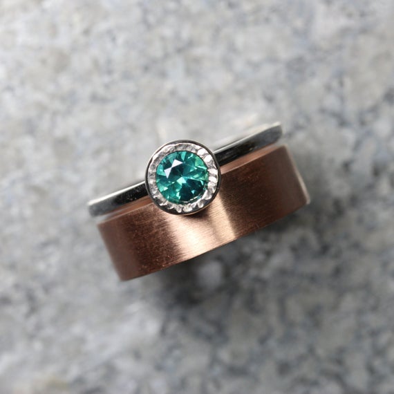 Teal Topaz 14k Rose White Gold Wedding Set For Her Modern Romantic Blue-green Spring Water Zen Drops Bi-color Bridal Ring Band - Rain Stain