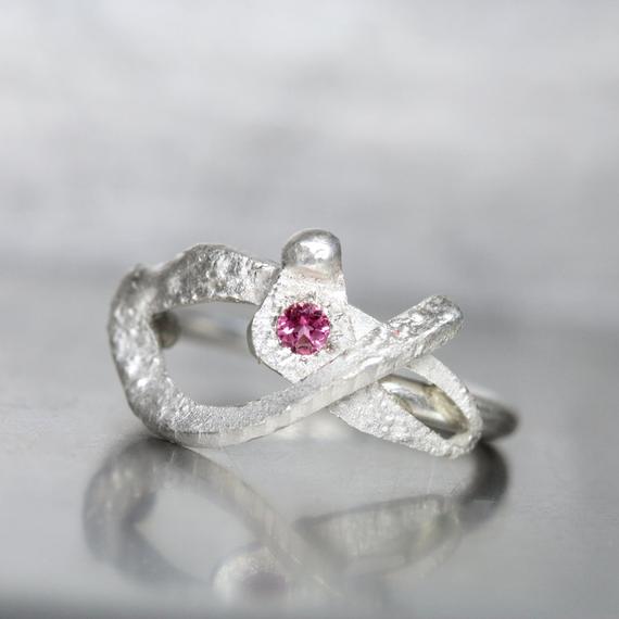 Unique Contorted Pink Tourmaline Silver Ring Textured Sculptural Curved Freeform Statement Design Unique Faceted Gemstone Band - Twisted