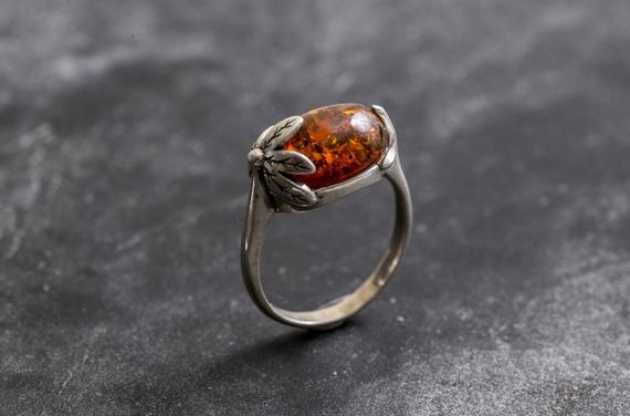 Amber Leaf Ring, Natural Amber, Genuine Amber, Taurus Birthstone, Leaf Ring, Brown Amber, Vintage Rings, Flower Ring, Solid Silver, Amber