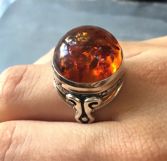 Amber Ring, Natural Amber, Vintage Rings, Antique Rings, Taurus Birthstone, Large Amber, Yellow Gemstone, Solid Silver Ring, Pure Silver