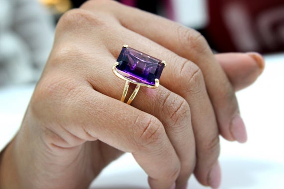 Statement Ring · Gold Cocktail Ring · 14k Amethyst Ring · Gold Filled Ring · Vintage Birthstone Ring · Emerald Cut Ring