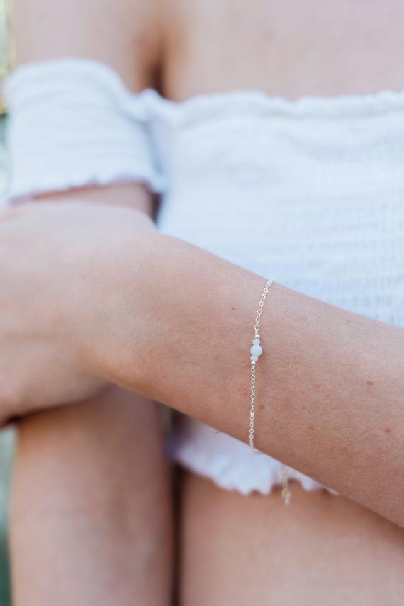 Blue Lace Agate Dainty Gemstone Bracelet In Gold, Silver, Bronze, Rose Gold - 6" Chain With 2" Adjustable Extender - Bridesmaid Bracelet