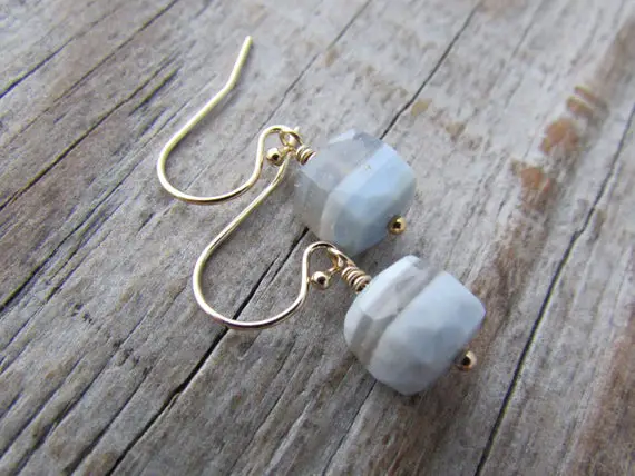 Blue Lace Agate Earrings, Faceted Gemstone Cubes, Gold Dangle Earrings, Periwinkle Blue