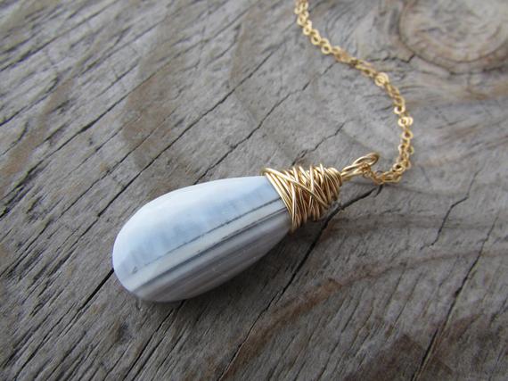 Blue Lace Agate Necklace, Wire Wrapped Pendant, Faceted Lace Agate
