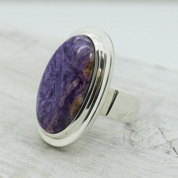 Gorgeous Purple Charoite Ring, Oval Charoite Silver Ring Sterling Silver Charoite Jewelry Russian Charoite All Natural Charoite Purple