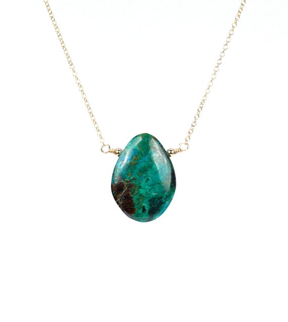 Malachite Necklace, Chrysocolla Necklace, Green Mineral,  Teardrop Necklace, Dainty 14k Gold Filled Chain