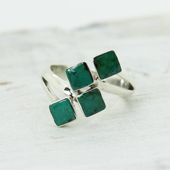 Stylish Chrysocolla Ring With 4 Square Cabs Set On Sterling Silver 925 Quality Ring Unique And Trendy Design Durable Jewelry
