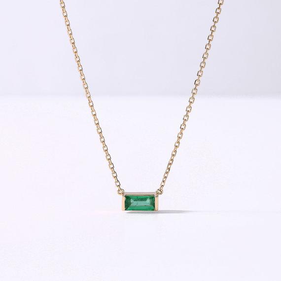 Baguette Lab Emerald Wedding Necklace Pendant Minimalist Modern Women Gemstone Birthstone Luxury Green Birthday Gift For Her