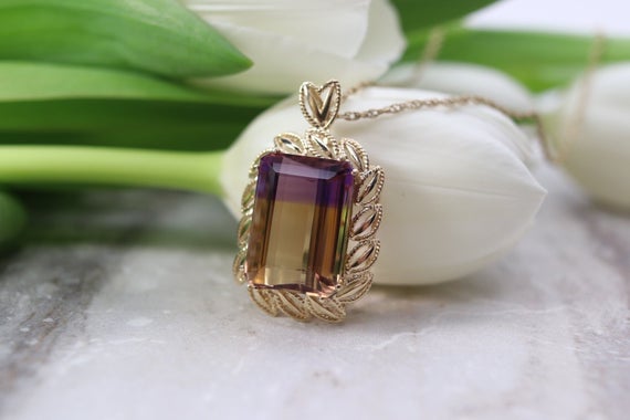 Estate 14k Ametrine Pendant, 15+ Ct, 14k Yellow Gold, Large Bi-color Ametrine Pendant, Emerald Cut Amethyst-citrine, Fine Estate Jewelry