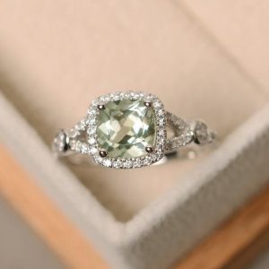 Shop Green Amethyst Rings! Green amethyst ring, cushion cut ring, sterling silver, green amethsyt | Natural genuine Green Amethyst rings, simple unique handcrafted gemstone rings. #rings #jewelry #shopping #gift #handmade #fashion #style #affiliate #ad