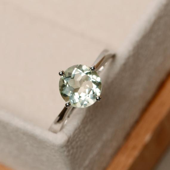 Green Amethyst Ring, Solitaire Ring, Sterling Silver, Promise Ring