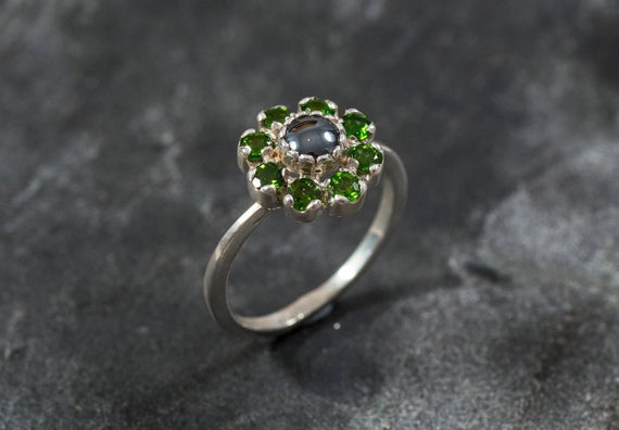 Hematite Ring, Chrome Diopside Ring, Natural Stones, Emerald Green Ring, Emerald Green Stones, Chrome Diopside, Hematite, Vintage Ring