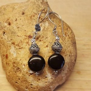 Small Black Jet earrings. Reiki jewelry uk. Wire wrapped dangle drop earrings. 19x11mm. Bali silver beads | Natural genuine Jet earrings. Buy crystal jewelry, handmade handcrafted artisan jewelry for women.  Unique handmade gift ideas. #jewelry #beadedearrings #beadedjewelry #gift #shopping #handmadejewelry #fashion #style #product #earrings #affiliate #ad