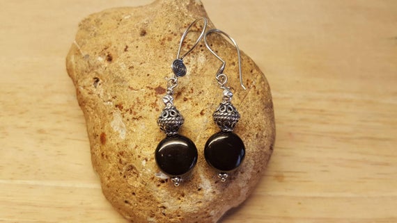 Small Black Jet Earrings. Reiki Jewelry Uk. Wire Wrapped Dangle Drop Earrings. 19x11mm. Bali Silver Beads