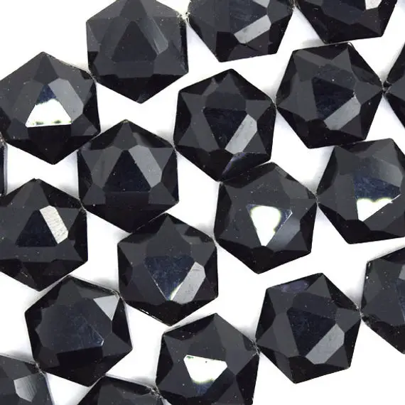 14mm Faceted Crystal Hexagon Beads 15" Strand Black Jet