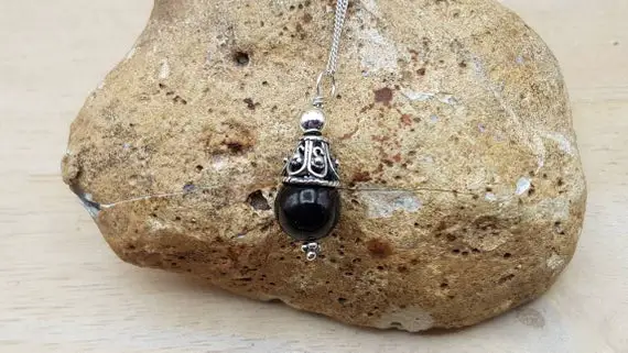 Small Black Jet Pendant. Reiki Jewelry Uk. Bali Silver Wire Wrapped Pendant. 10mm Stone. Minimalist Cone Necklace. Empowered Crystals
