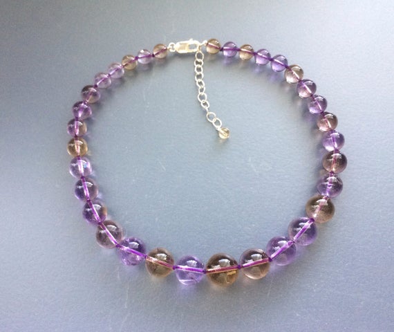 Knotted Sterling Silver Natural Ametrine Graduated Round Beaded Necklace, Amethyst And Citrine Necklace