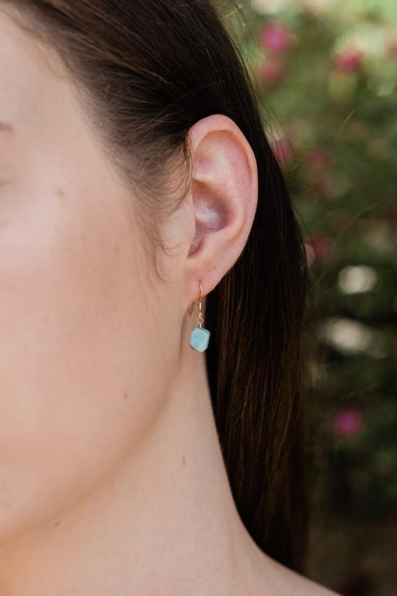 Raw Light Aqua Blue Larimar Crystal Dangle Drop Earrings In Gold, Silver, Bronze, Or Rose Gold - Rough Gemstone Earrings