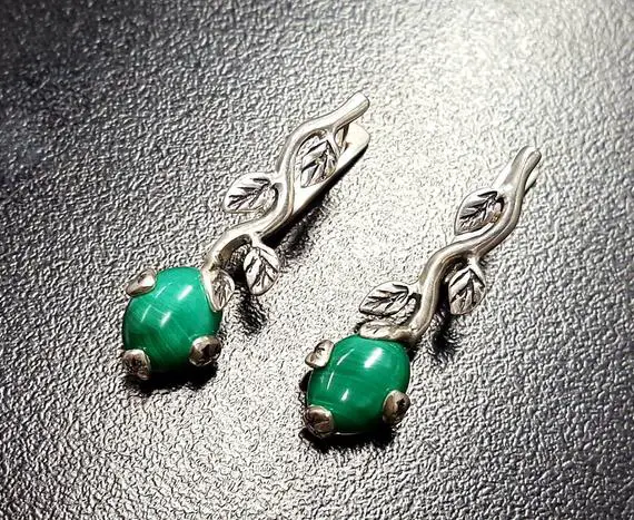 Branch Earrings, Natural Malachite, Floral Leaf Earrings, Green Vintage Earrings, Malachite Earrings, Long Earrings, Solid Silver Earrings
