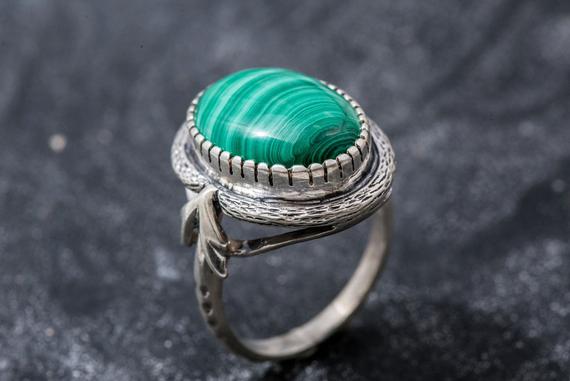 Statement Malachite Ring, Natural Malachite, Large Green Ring, Huge Stone Ring, Silver Green Ring, Large Vintage Ring, Adina Stone