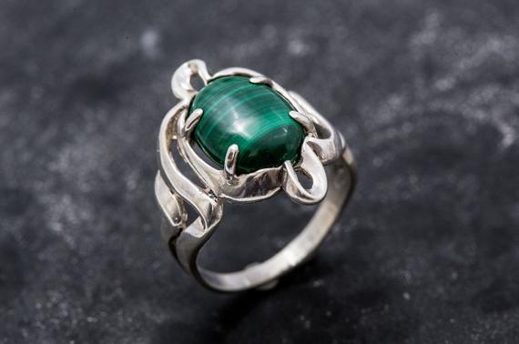 Large Green Ring, Natural Malachite Ring, Unique Green Ring, Statement Silver Ring, Real Malachite Ring, Green Vintage Band, Adina Stone