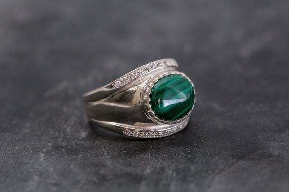 Green Dome Ring, Natural Malachite Ring, Large Stone Ring, Wide Band Ring, Thick Silver Ring, Big Green Ring, Statement Ring, Adina Stone