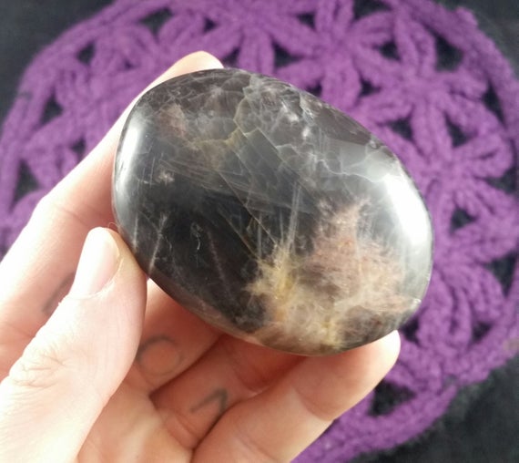 Black Moonstone Palmstone Gallet Crystal Stones Crystals Small Palm Moon Stone Chatoyant Silver Shimmer