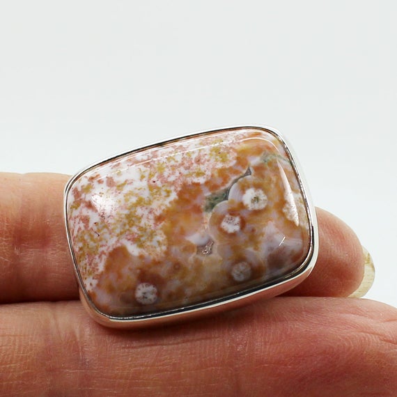 Flower Like Spring Colors Ocean Jasper Ring Big Rectangular Shape Cab Set On Sterling Silver 925 Quality Natural Stone Solid Silver Jewelry