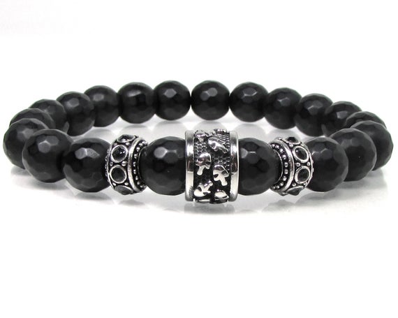 Natural Black Onyx Mens Bracelet With 316l Stainless Steel, Mens Skull Bracelet, Mens Beaded Bracelet, Mens Gift, Mens Gemstone Bracelet