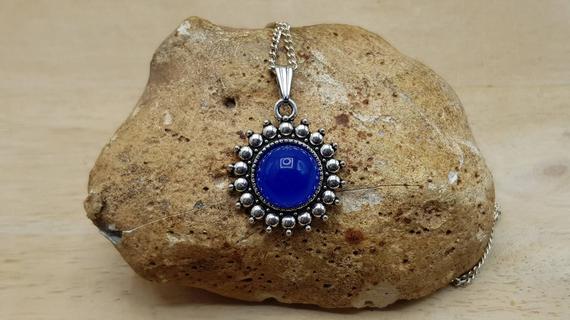 Boho Round Blue Onyx Pendant Necklace.  December Birthstone. Crystal Reiki Jewelry Uk. Boho Chic Jewellery. 12mm Gemstone