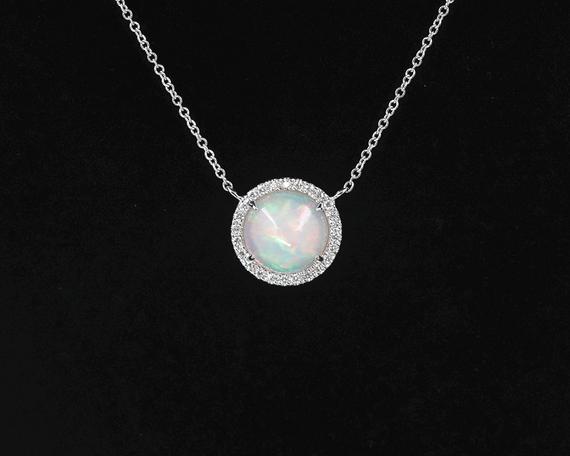 14k 1.8ct Opal Diamond Halo Necklace / Opal Necklace / Opal Pendant / Diamond Necklace / Simple Necklace / Necklace For Women / White Gold