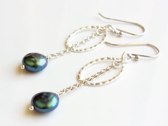 Pearl Sterling Silver Earrings Peacock Blue Green Gemstone Chain Boho Dangles June Birthstone Unique Birthday Mother's Day Gift For Her 4923