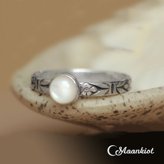 Forget Me Not Ring, Sterling Silver Pearl Ring, Pearl Promise Ring, Pearl Stacking Ring | Moonkist Designs