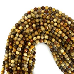 Shop Petrified Wood Beads! 6mm faceted petrified wood agate round beads 15" strand S1 39417 | Natural genuine faceted Petrified Wood beads for beading and jewelry making.  #jewelry #beads #beadedjewelry #diyjewelry #jewelrymaking #beadstore #beading #affiliate #ad