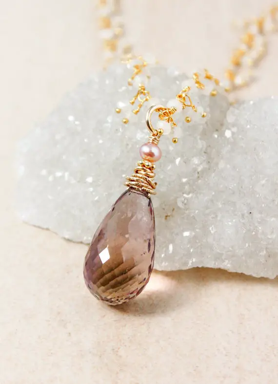 Purple Ametrine Necklace On Rainbow Moonstone Cluster Chain, Layering Necklace