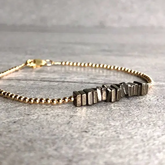 Tiny Gold Bead Bracelet | Natural Crystal Jewelry | Pyrite Square Bead Bracelet | Delicate Dainty Layering Jewelry
