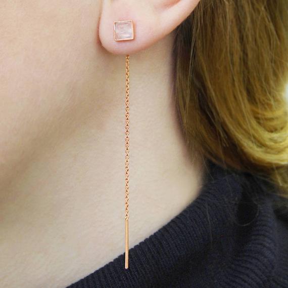 Rose Quartz Threader Earrings, Small Pyramid Threaders, Rose Gold Ear Threads, Geometric Gemstone Threaders, Pink Stone Ear Threads, Embers