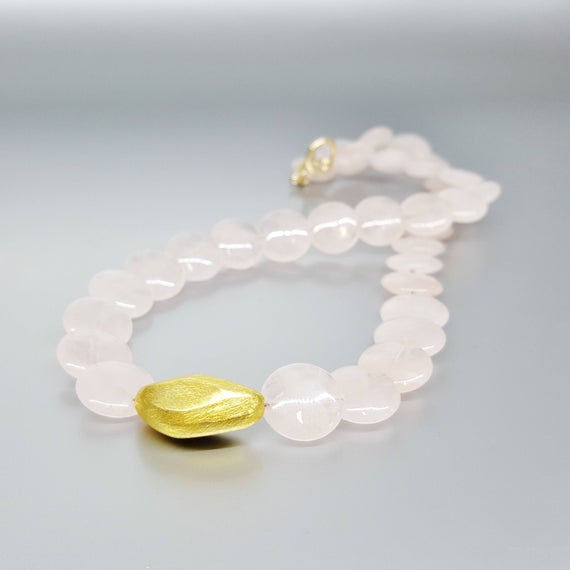 Necklace Rose Quartz With Gold Nugget And Clasp Unique Gift For Her Light Pink Genuine Natural Gemstone Romantic Love Gift