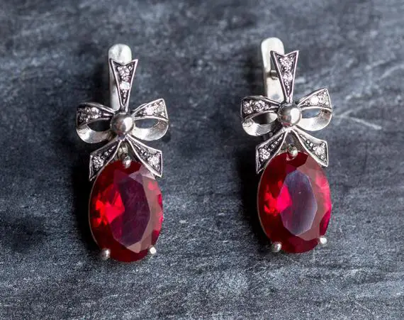 Large Ruby Earrings, Ribbon Earrings, Created Ruby Earrings, Vintage Earrings, Silver Ribbon, Ruby Earrings, Red Earrings, Antique Earrings