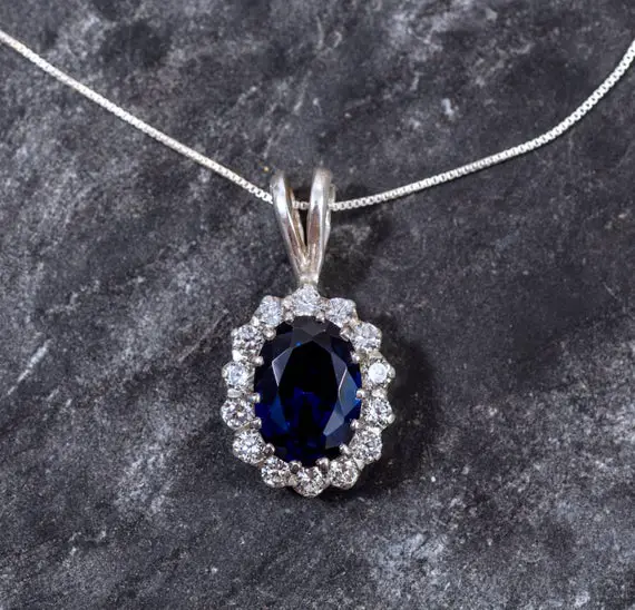 Diamond Pendant, Sapphire Pendant, Created Sapphire, Princess Di Pendant, Blue Pendant, Blue Diamond Pendant, Solid Silver Pendant, Sapphire