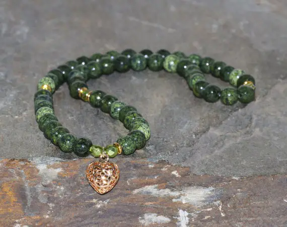 Serpentine 54 Mala 6mm Green Beads Bracelet Gold Plated Heart Bracelet Unisex Bracelet Gemstone Jewelry Yoga Bracelet Gift Bracelet