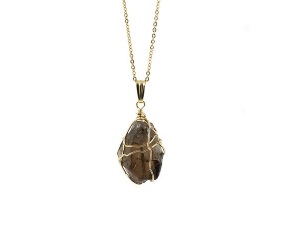 Smoky Quartz Necklace On 14k Gold Filled Chain - Large Semi-transparent Quartz - Wire Wrapped Rough Gemstone Jewelry
