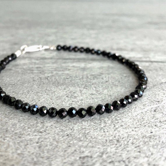 Spinel Bracelet | Black Stone Bracelet For Women, Men | Faceted Crystal Bead Jewelry | Custom Size For Small Or Large Wrists