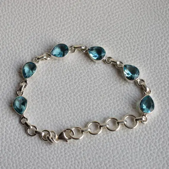 Natural Blue Topaz Bracelet, Handmade Bracelet For Women, 925 Sterling Silver Bracelet, Teardrop Blue Topaz Bracelet, Wedding Bracelet