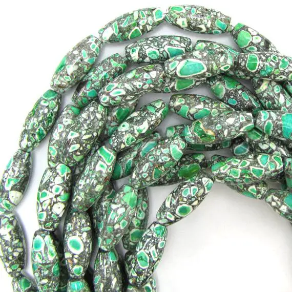 25mm Green Mosaic Flower Turquoise Barrel Beads 16" Strand 12918