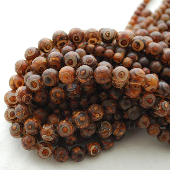 Tibetan Agate (dyed) Semi-precious Gemstone Round Beads - 6mm, 8mm, 10mm Sizes - 15" Strand